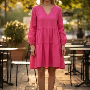 Women's Hot Pink V-Neck Tiered Long Sleeve Dress by Yinn